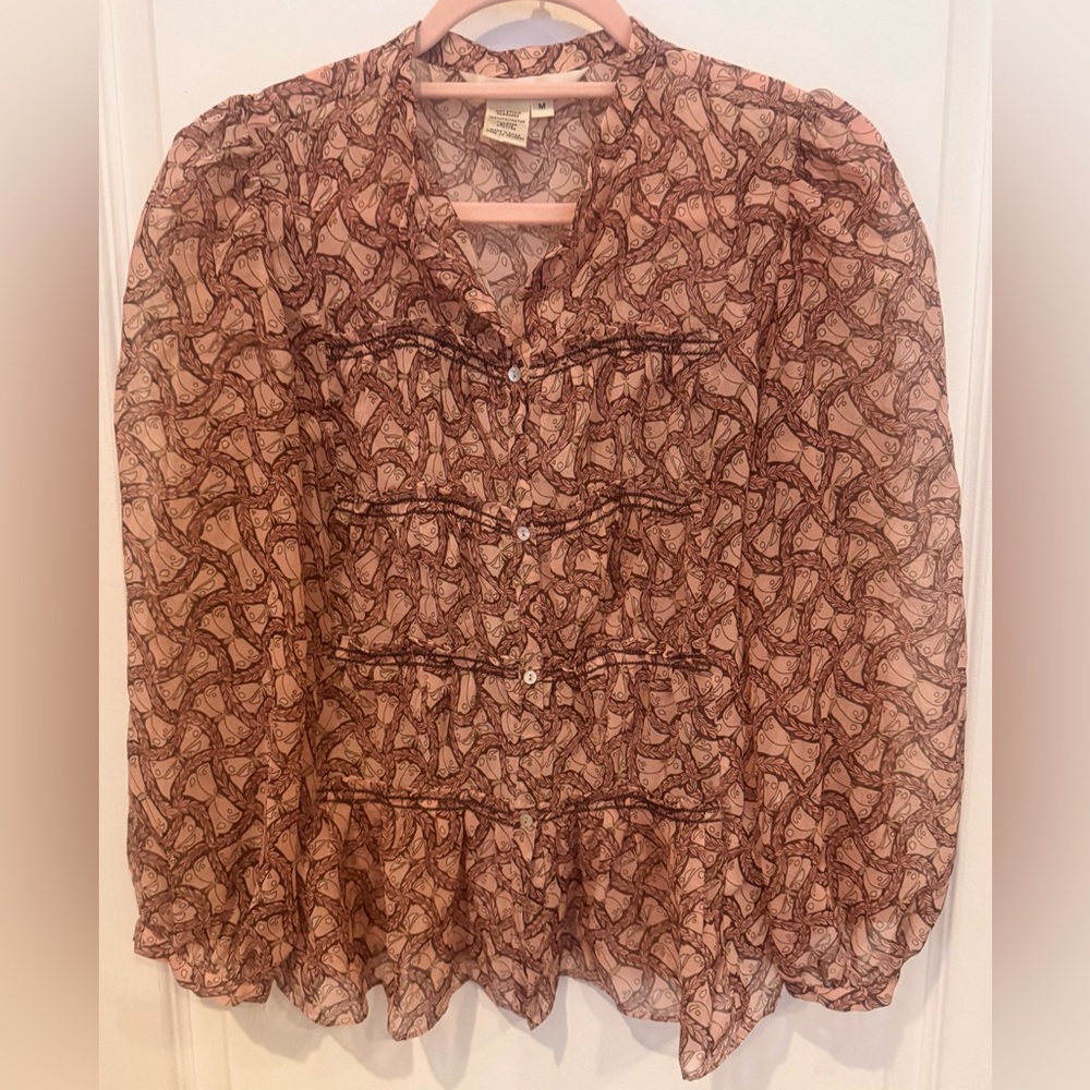 MAX STUDIO Button Front Semi Sheer Ruffled Peasant Blouse M Brown Taupe Peach